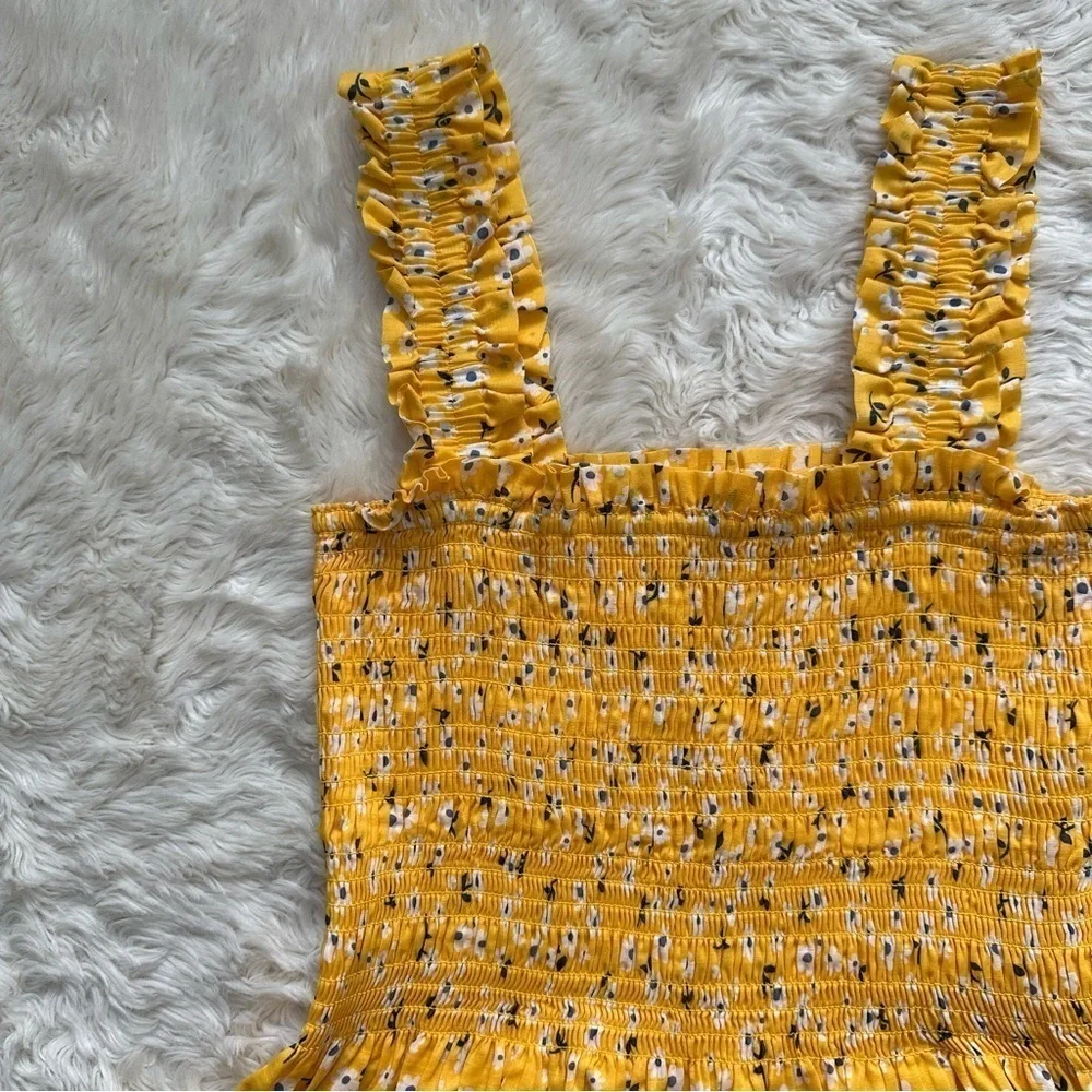 Kate Spade Tank Fleurette Toss Smocked Top 100% Cotton Floral Yellow XS